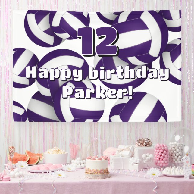 purple white volleyballs kids birthday party banner (Party)