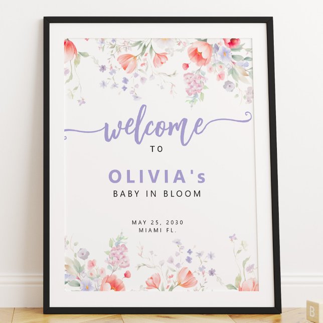 Purple wildflower floral Baby in Bloom welcome Poster (Von Creator hochgeladen)