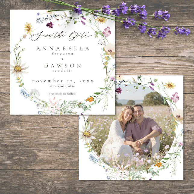 Purple Wildflower Watercolor Minimal Wedding Photo Save The Date (Purple Wildflower Watercolor Minimal Wedding Photo Save The Date)