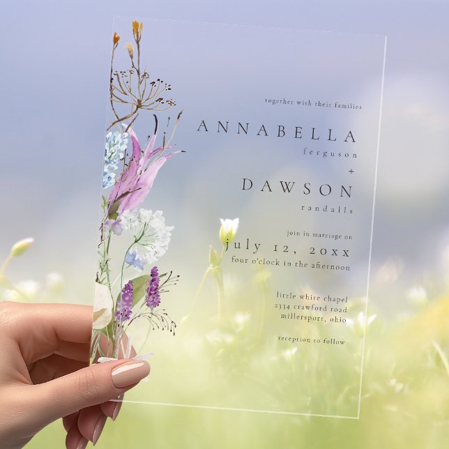 Purple Wildflower Watercolor Minimalist Wedding Acryleinladungen (Olive Branch Watercolor Elegant Minimalist Wedding Invitation)