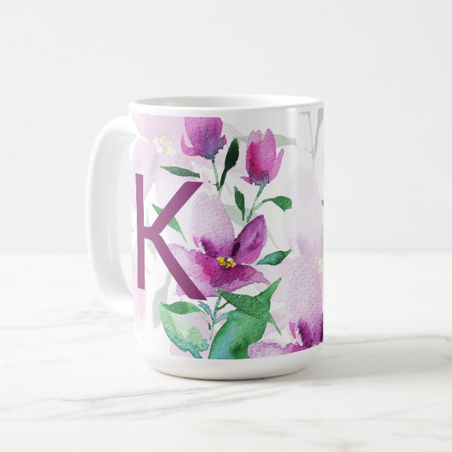 Purple Wildflowers Watercolor Monogram Kaffeetasse (Vorderseite Links)