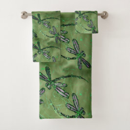 Purple Winged Dragonflies on Soft Green Badhandtuch Set