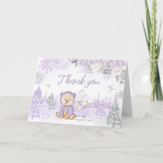 Purple Winter Bear Baby Shower  Dankeskarte (Vorderseite)