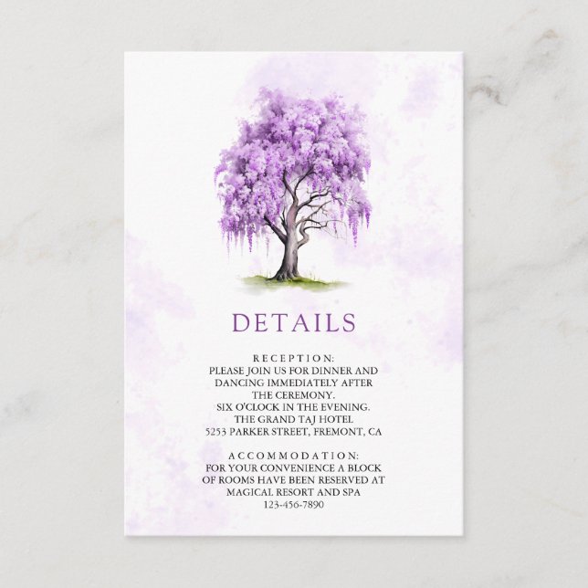 Purple Wisteria Floral Tree Wedding Details Begleitkarte (Vorderseite)