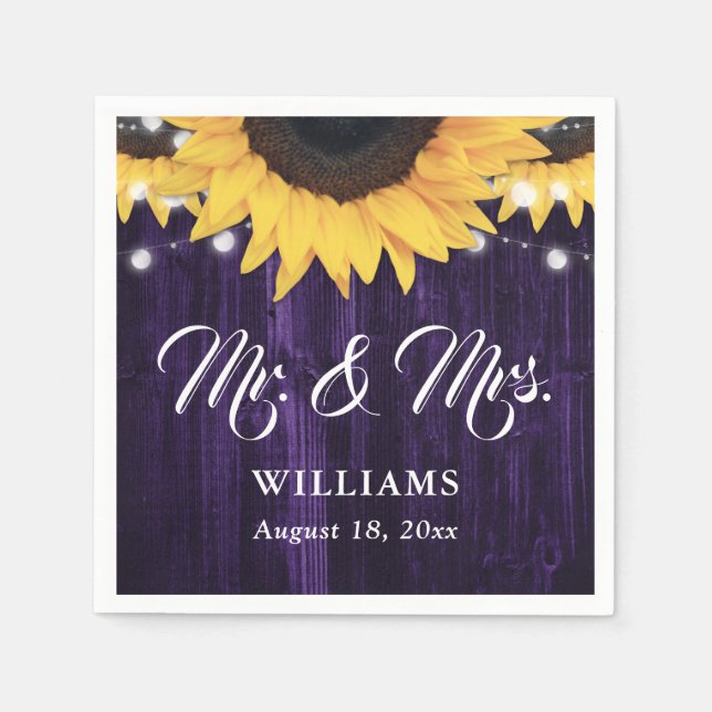 Purple Wood String Lights Sunflower Wedding Serviette (Vorderseite)