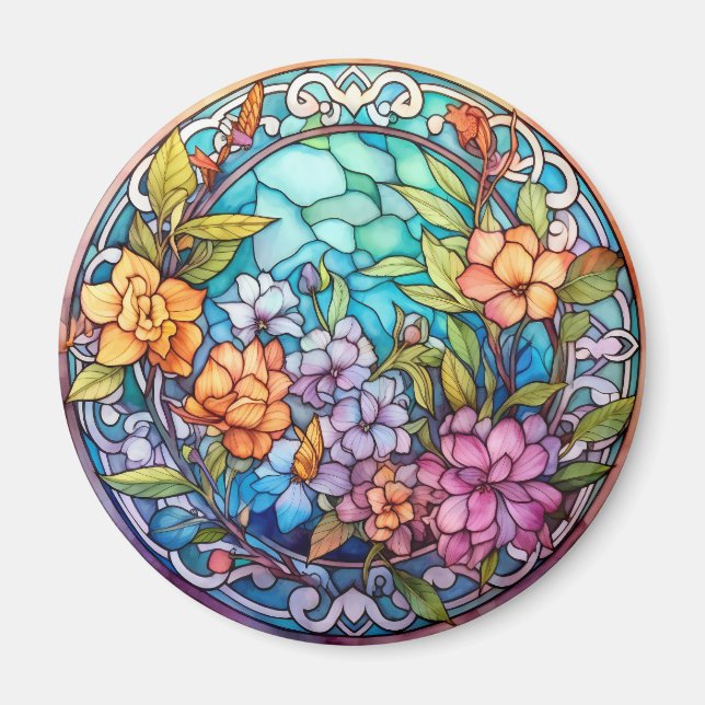 Purple & Yellow Floral Faux Stained-Glass Magnet (Vorne)