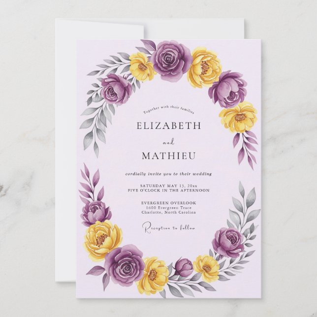 Purple Yellow Romantic Spring Wedding Einladung (Vorderseite)