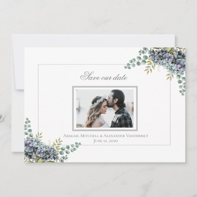 Purplish Hydrangeas Eucalyptus-Foto Save the Date (Vorderseite)