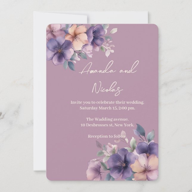 Purpulfarbene Blume zur Einladung zum Hochzeitstag (Vorderseite)