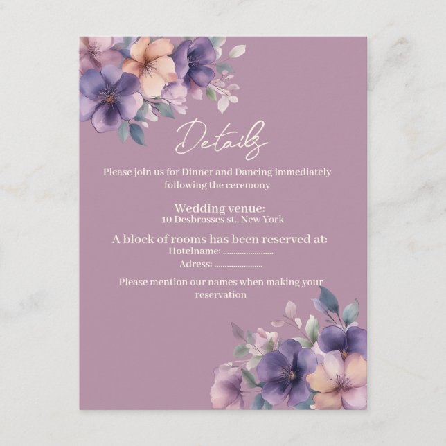 Purpur, rosa Blume auf der Hochzeitskarte Begleitkarte (Vorderseite)