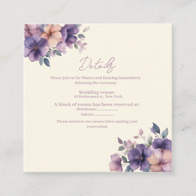 Purpur, rosa Blume auf der Hochzeitskarte Begleitkarte (Vorderseite)