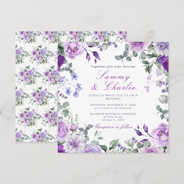 Purpurblumen und Eukalyptus-Blätter Hochzeiten Einladung (Vorne/Hinten)