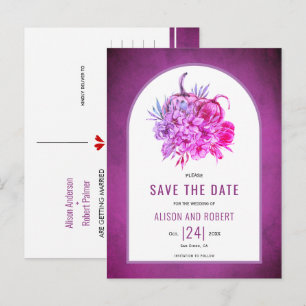 Purpurblumen und Kürbis Save the Date Postkarte