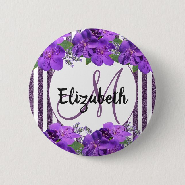 Purpurblüten Weißer Glitzer Streifen Monogramm Nam Button (Vorderseite)