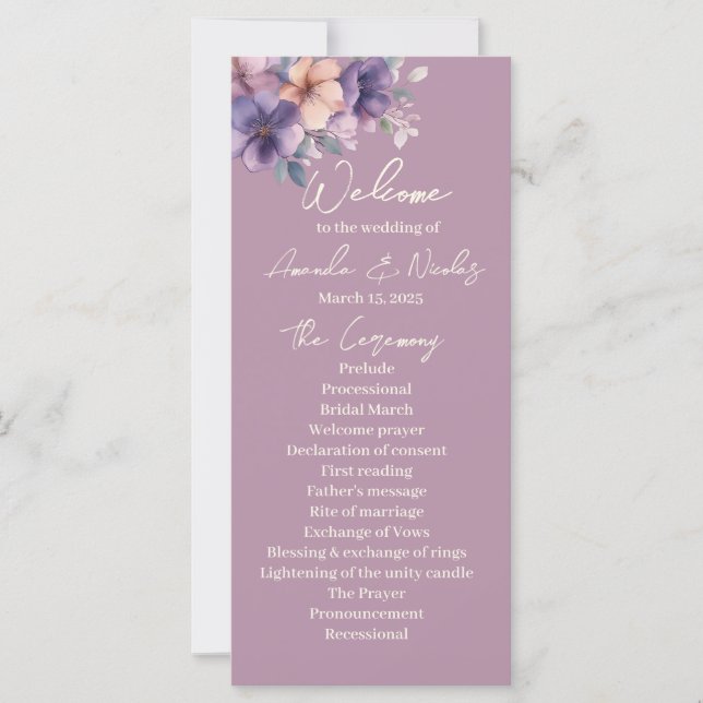 Purpurfarbene, rosa Blume zum Hochzeitsprogramm (Vorderseite)