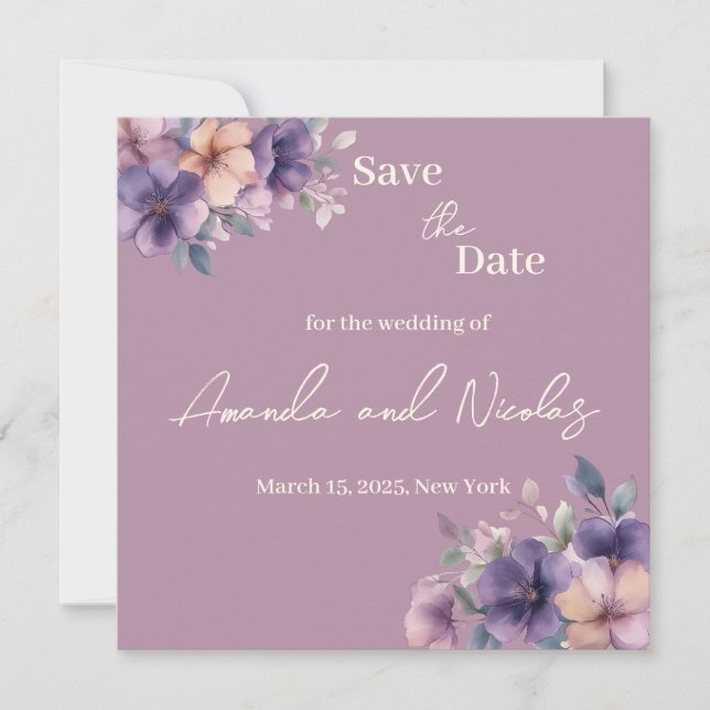 Purpurrosa Blume auf der Save the Date Karte (Vorderseite)