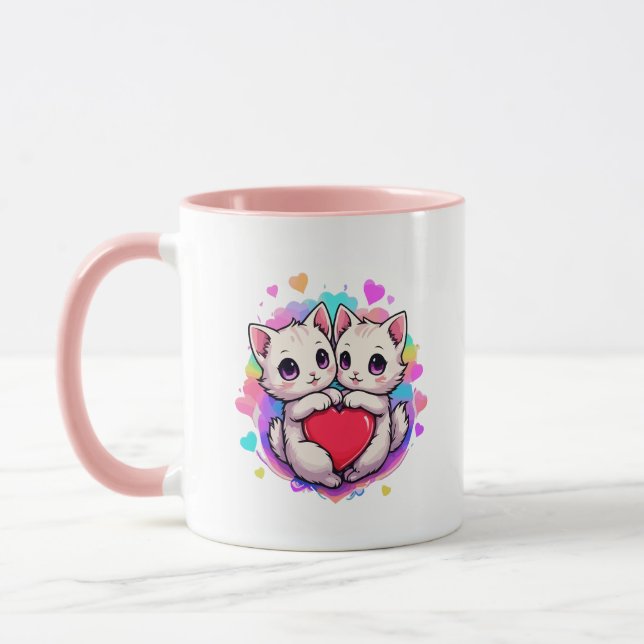 Purpurrote Liebe: Kawaii Couple Cats mit Herz Tasse (Links)