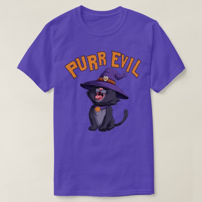 Purr Evil Halloween Laughing Black Cat Hexenhut T-Shirt (Design vorne)