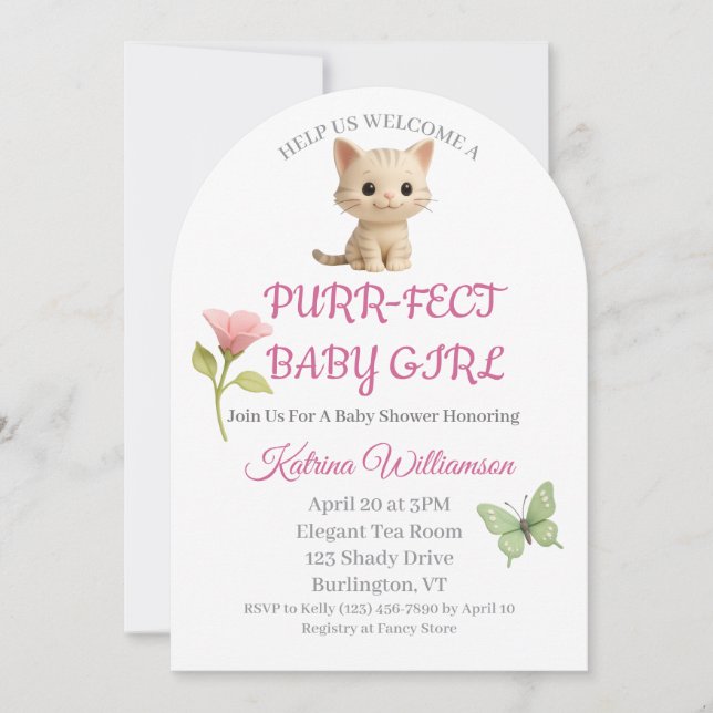 Purr-fect Baby Girl Kitten Babydusche Einladung (Vorderseite)