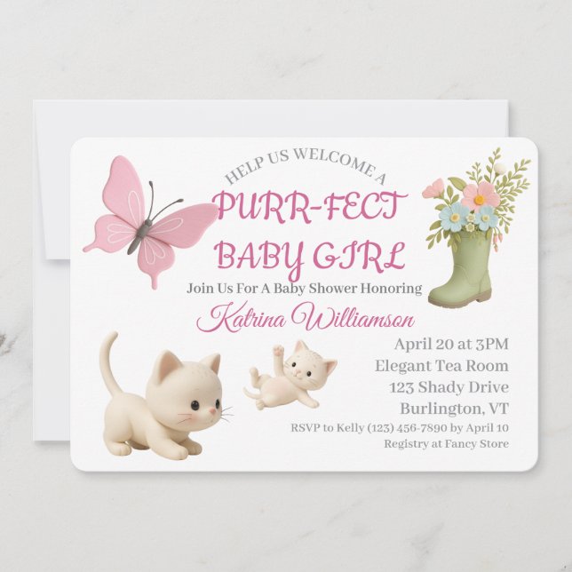 Purr-fect Baby Girl Kitten Babydusche Einladung (Vorderseite)
