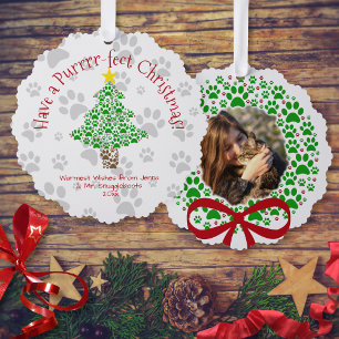 Purr fect Christmas Fun Paw Prints Cat Foto Ornament Karte