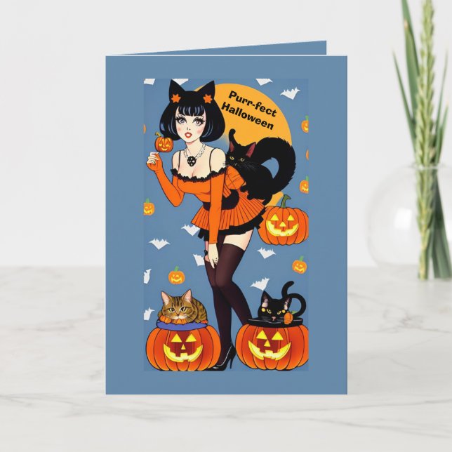 Purr-fect Halloween Gruß mit Niedlichen Katzen Lad Karte (Vorderseite)