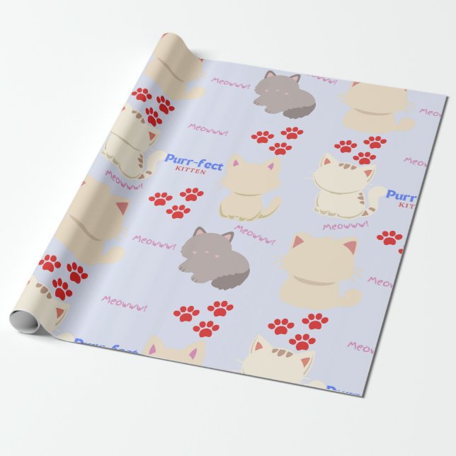 Purr-fect Kitten Niedliche Katzen und Paw Prints Geschenkpapier (Ungerollt)
