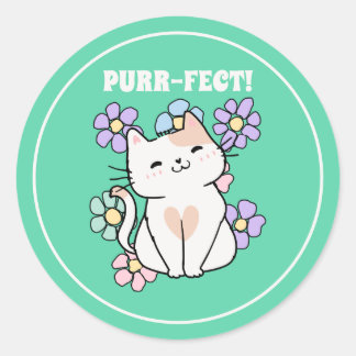 PURR-FECT! Lächeln Katze mit Blume Runder Aufkleber