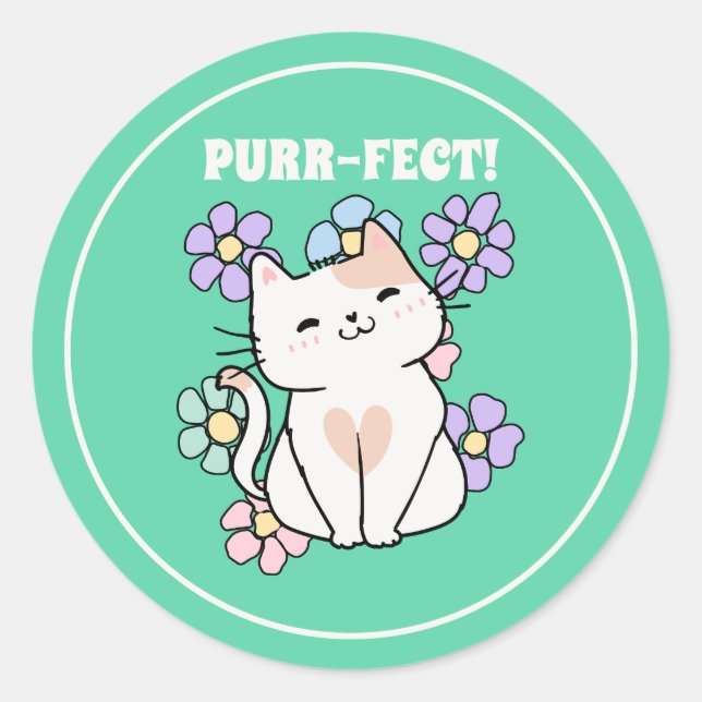 PURR-FECT! Lächeln Katze mit Blume Runder Aufkleber (Vorderseite)