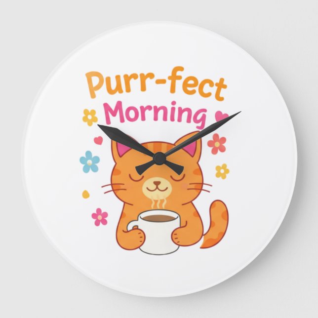 Purr-fect Morning Cat Coffee Mug – Cute Cat Lover  Große Wanduhr (Vorderseite)