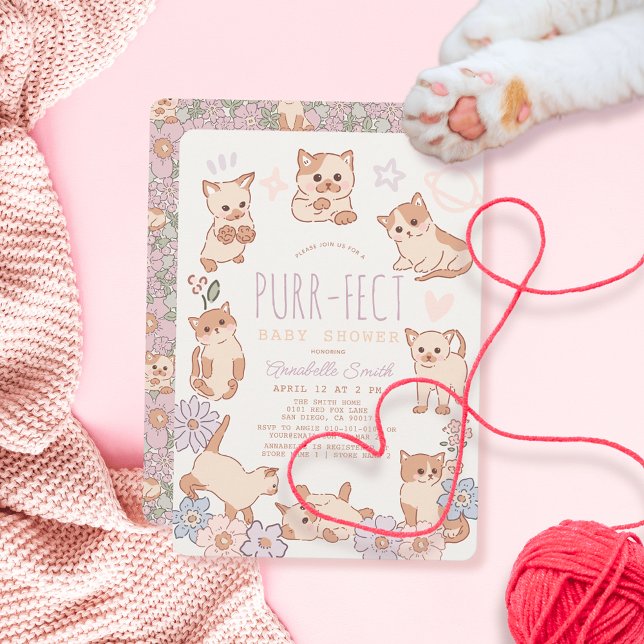 Purr-fect Niedliche Katzen Blumenmädchen Babydusch Einladung (Purr-fect Kitty Cat Baby Shower Invitation)