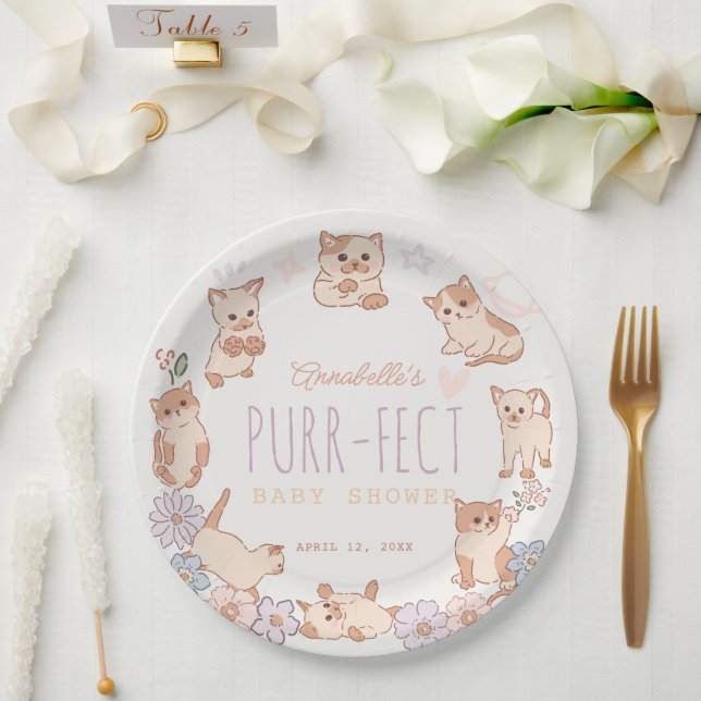 Purr-fect Niedliche Katzen Blumenmädchen Babydusch Pappteller (Hochzeit)