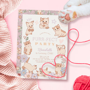 Purr-fect-Party Niedliche Katzen Blumenmädchen 1.  Einladung