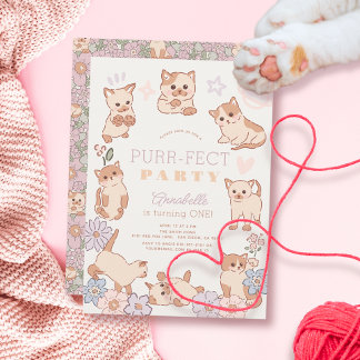 Purr-fect-Party Niedliche Katzen Blumenmädchen 1.  Einladung