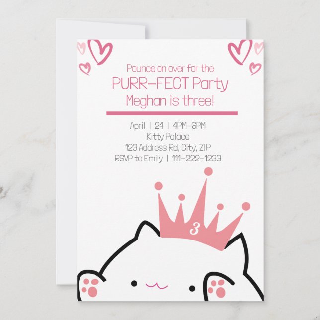 Purr-fect Princess Pink Cat Girl Birthday Einladung (Vorderseite)