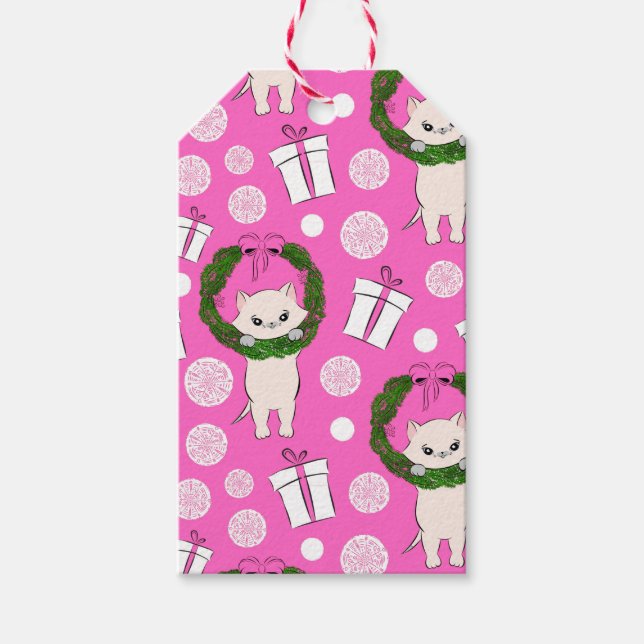 Purr-fein gefeiert: Pink Kitty Wine Bag Geschenkanhänger (Vorderseite)