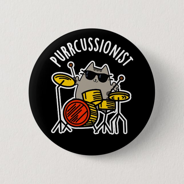Purr-Kussionist Funny Drummer Cat Pun Dark BG Button (Vorderseite)