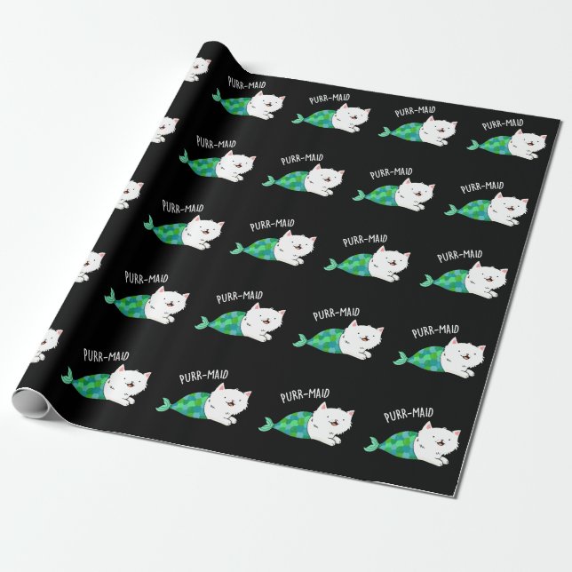 Purr maid Funny Kitty Cat Mermaid Pun Dark BG Geschenkpapier (Ungerollt)