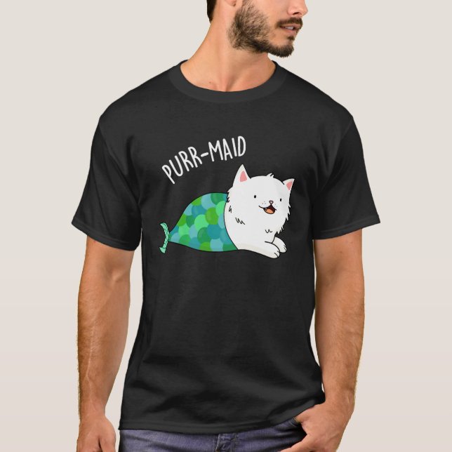 Purr maid Funny Kitty Cat Mermaid Pun Dark BG T-Shirt (Vorderseite)