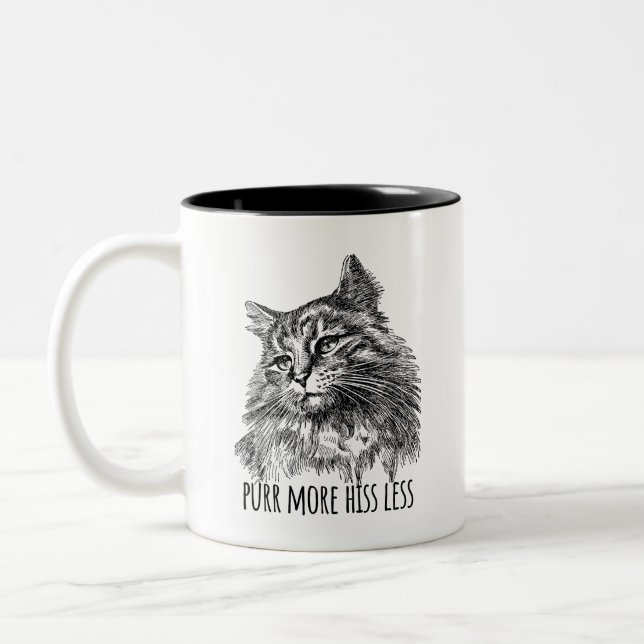 Purr More Hiss Less Pretty Kitty Zweifarbige Tasse (Links)