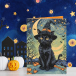 Purr perfekt Spooky Night van Gogh Style Halloween Feiertagskarte<br><div class="desc">Diese verzauberte Halloween-Grußkarte zeichnet sich durch ein skurriles Design aus, das von Vincent van Goghs ikonischem Stil inspiriert wurde. Die Vorderseite zeigt eine schwarze Katze, die einen spitzen, spitzen Hexenhut aufklebt, umgeben von mehreren Kürbissen. Der Hintergrund ist ein faszinierender Sternenwirbel und ein Halbmond, der an Van Goghs "Sternennacht" erinnert und...</div>
