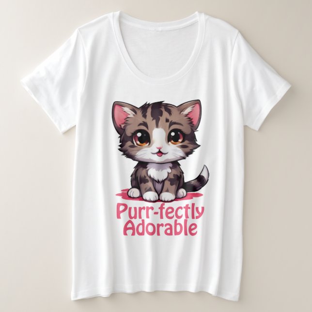 Purr-süßer Chibi Kawaii Kitten in Pink Große Größe T-Shirt (Design vorne)