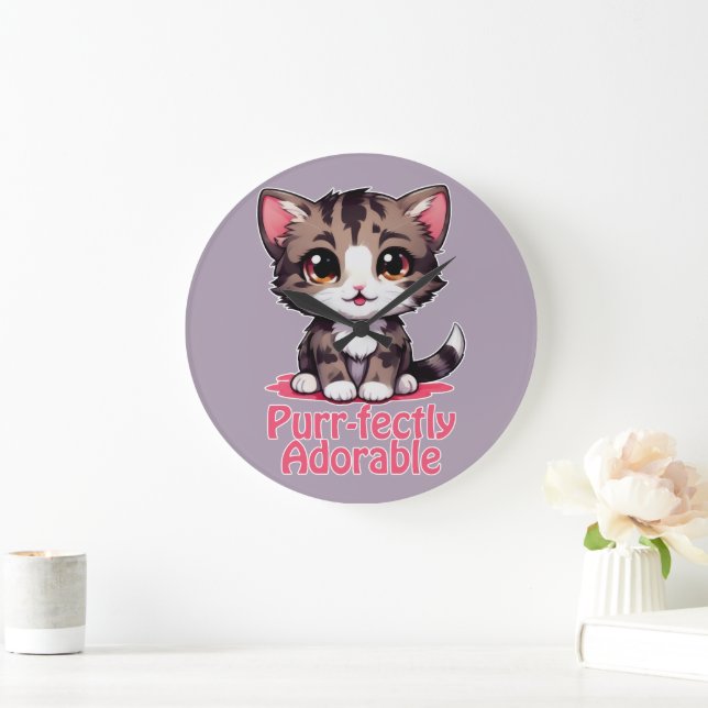 Purr-süßer Chibi Kawaii Kitten in Pink Große Wanduhr (Zuhause)