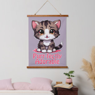 Purr-süßer Chibi Kawaii Kitten in Pink Wandteppich Mit Holzrahmen