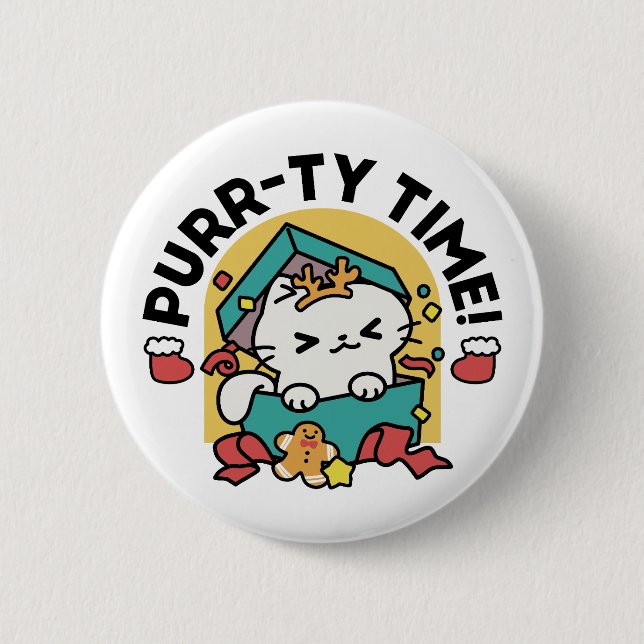 Purr-ty-Time! - Weihnachtsdesign für die Katze Button (Vorderseite)