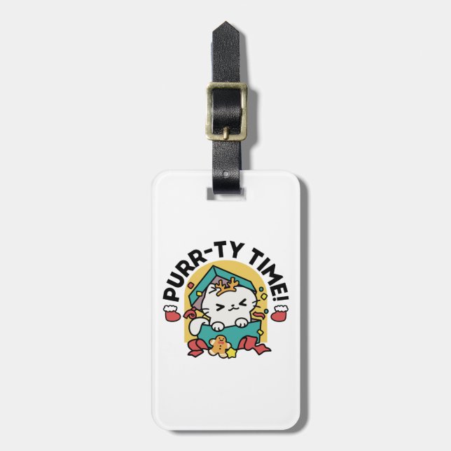 Purr-ty-Time! - Weihnachtsdesign für die Katze Gepäckanhänger (Vorderseite vertikal)