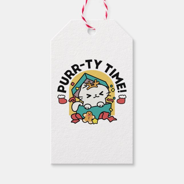 Purr-ty-Time! - Weihnachtsdesign für die Katze Geschenkanhänger (Vorderseite)