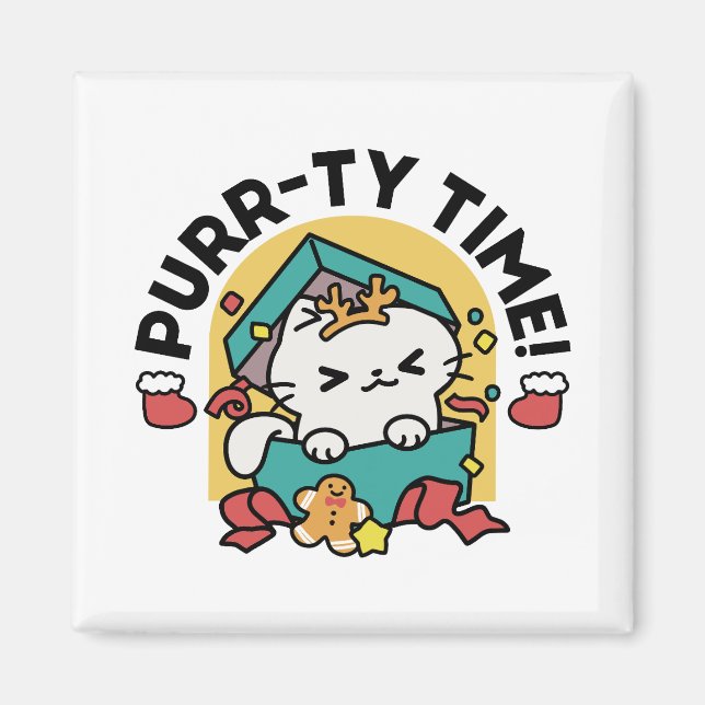 Purr-ty-Time! - Weihnachtsdesign für die Katze Magnet (Vorne)