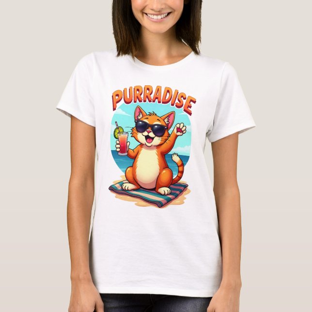 Purradise - Coole Katze am Strand T-Shirt (Vorderseite)