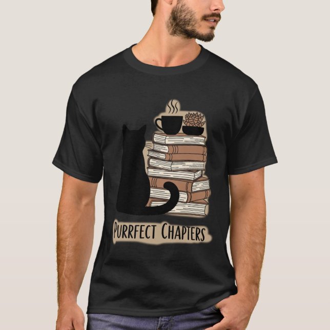 Purrfect Chapters: Black Cat, Books, & Coffee T-Shirt (Vorderseite)